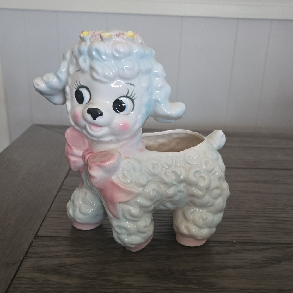 Vintage Ceramic Poodle Planter in White and Pink